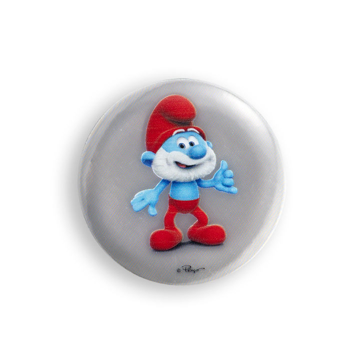 Reflective button with printed smurf